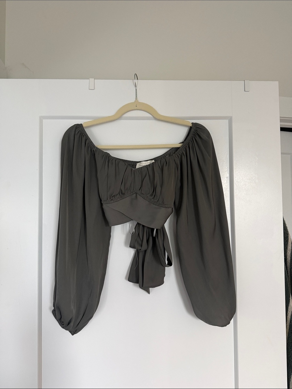 American Threads Olive Off-Shoulder Tie-Front Puff Sleeve Top